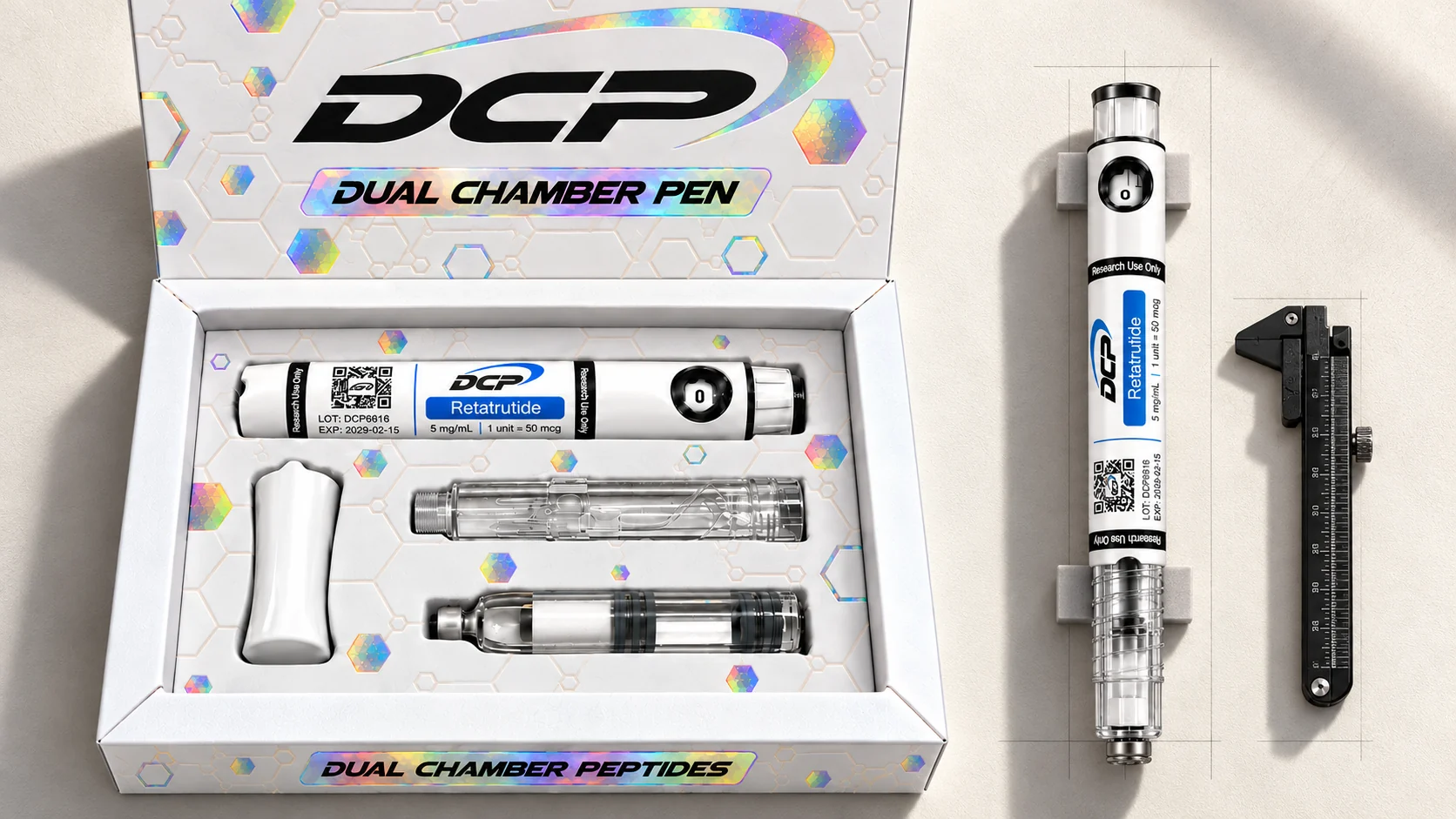 Dual Chamber Peptides — Redaktionell produktuppställning; inte ett foto av verkliga anläggningar, tillbehör eller testresultat.