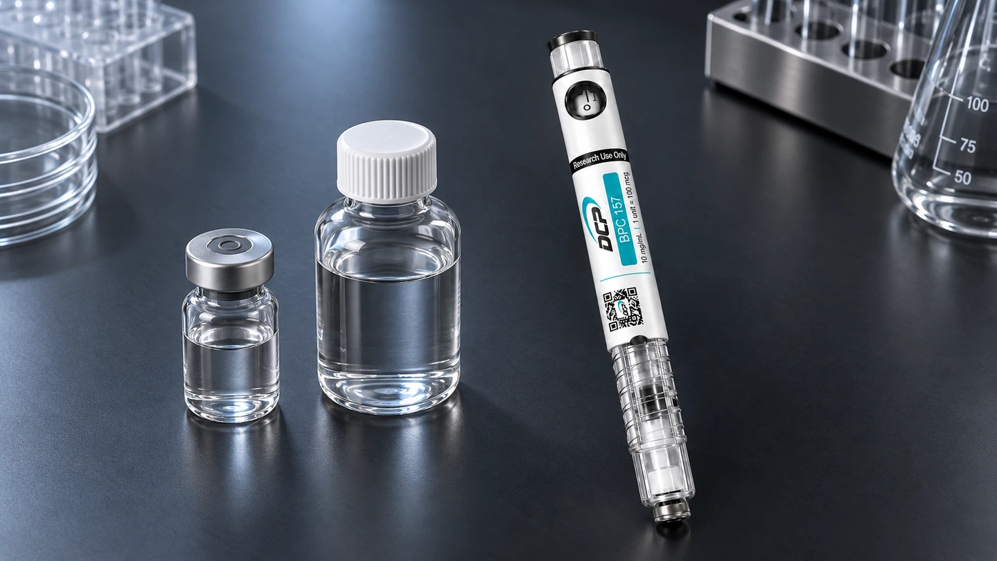 Dual Chamber Peptides-penna bredvid en konventionell injektionsflaska, en flaska med lösningsmedel och förpackad laboratorieutrustning
